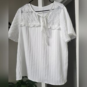 Lace Pleated  Baby Doll White Short Sleeve Top 1XL